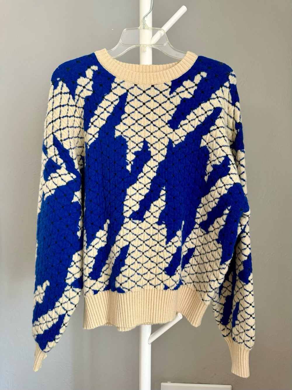bohme Cream and Royal Blue Abstract Knit Crewneck Sweater
